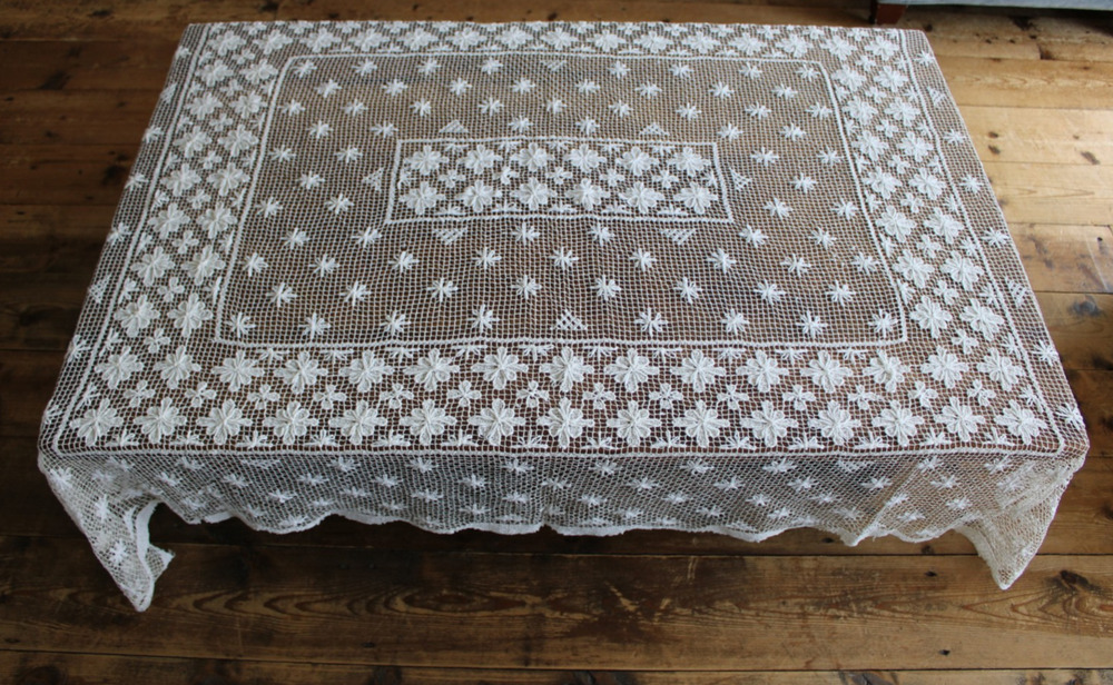 Vintage Handmade Crochet Lace White Tablecloth Shabby Chic Scallop 64" X 72"